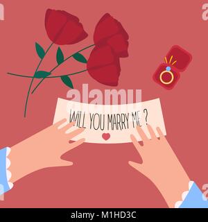 Femme allez-vous m'épouser remarque et d'engagement bague à diamants dans une boîte sur la saint valentin. Roses rouges, femme, mains, bijoux et cadeaux lettre sur rose retour Illustration de Vecteur