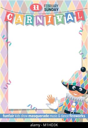 Affiche Carnaval modèle avec arlequin. Mignon personnage isolé sur fond coloré. Place pour votre message texte. Vector illustration. Illustration de Vecteur