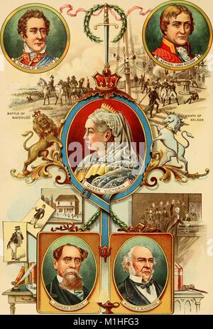 Illustration couleur de style camée cinq cartouches avec face coups de chiffres britanniques célèbres de l'époque victorienne, notamment la reine Victoria, le duc de Wellington, l'Amiral Lord Nelson, Charles Dickens et William E. Gladstone, situé sur un arrière-plan montrant les événements historiques liés à chaque personne, à partir de la 'volume plus grand siècle de l'histoire du monde, contenant un graphique complet et compte des conquêtes admirables de cent ans, y compris les grandes batailles et conquêtes, la montée et la chute des nations, la croissance extraordinaire et le progrès de l'United States .. etc etc, ' écrit par Hen Banque D'Images