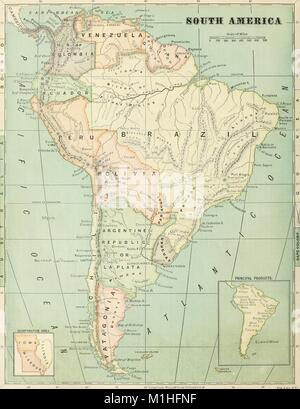 Carte des couleurs de l'Amérique du Sud, avec une échelle, un code de couleur, régions et cartouches pour illustrer masse terrestre et comparatifs produits principaux, à partir du volume physique du onteith «et la géographie politique, en deux parties, 1875. Partie I. La géographie enseignée comme une science .. La partie II. La géographie locale et civile ., ' écrit par James Montieth. () Banque D'Images