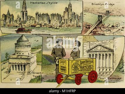 Illustration couleur représentant quatre scènes de sites populaires dans New York City, États-Unis d'Amérique, y compris les toits de Manhattan, le Brooklyn promise, Grant's Tomb, et de la Bourse, avec un portrait de l'intitulé personnages debout derrière un wagon publicité Berry Brothers vernis, du volume "voir l'Amérique d'abord : avec les Berry Brothers, ' écrit par Eleanor Colby, et illustré par F W Pfeiffer, 1917. Avec la permission de Internet Archive. () Banque D'Images