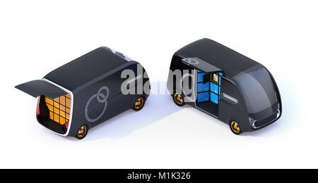Deux fourgonnettes de livraison isolé sur fond blanc avec des portes ouvertes. Le rendu 3D image. Banque D'Images