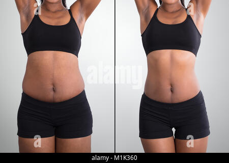Avant et après le concept montrant la graisse pour Slim femme africaine sur fond gris Banque D'Images