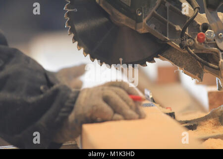 Carpenter measuring et préparer un conseil avant de scier avec une scie circulaire Banque D'Images