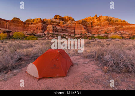 Sunset glow sur des formations de grès, vue du Camp SC3 dans Salt Creek Canyon dans les aiguilles District de Canyonlands National Park, Utah, USA Banque D'Images