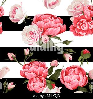 Roses et pivoines Vector Pattern sans bandes noires et blanches Fleur Texture Background Illustration de Vecteur