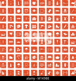 100 encombrement icons set grunge orange Illustration de Vecteur