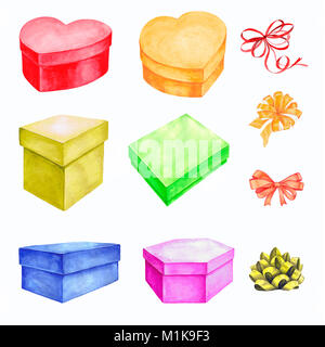 Aquarelle Collection d'images de différentes boîtes et des rubans. Un ensemble d'images isolées de l'emballage-cadeau sur un fond blanc. Dessin fait à la main. Banque D'Images