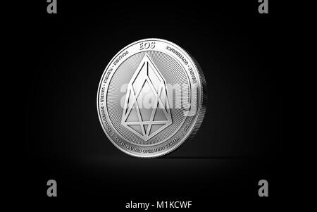 Silver EOS cryptocurrency notion physique coin isolé sur fond noir. Le rendu 3D Banque D'Images