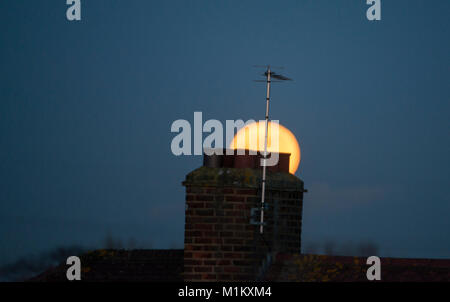 Wimbledon, Londres, Royaume-Uni. 31 janvier 2018. Supermoon Orange s'élève au-dessus des maisons de banlieue du sud de Londres dans la nuit claire du ciel. Credit : Malcolm Park/Alamy Live News. Banque D'Images