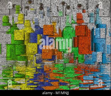 Droit composé entièrement de texte, des mots. Bouteilles. Réflexion sur l'eau. Blocs. Banque D'Images