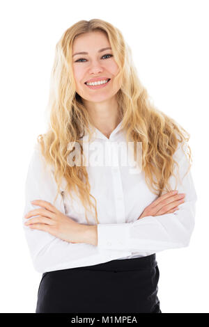 Portrait Of Happy Young Hostess in front of White Background Banque D'Images