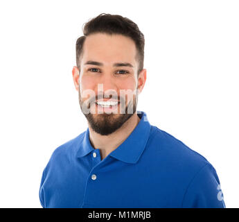 Portrait d'un homme heureux Janitor in front of White Background Banque D'Images