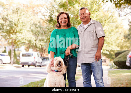 Portrait of Senior Couple Walking Dog le long de la rue de banlieue Banque D'Images