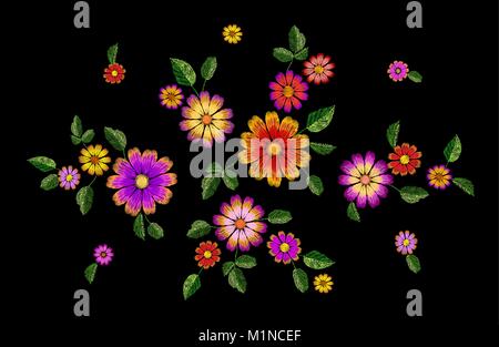 Fleurs lumineuses colorées broderie patch. Décoration mode texture couture modèle. Daisy traditionnelles ethniques les feuilles des plantes sur le terrain de la conception d'impression textile vector illustration Illustration de Vecteur