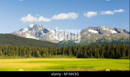 Vue panoramique des montagnes Kenai et de marais de la rivière de la neige dans le nord de la péninsule de Kenai, Alaska Seward dans le centre. Banque D'Images