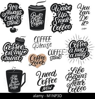 Ensemble de lettrage dessiné à la main du café précédemment. La calligraphie au pinceau, la typographie moderne. Affiches reliées au café d'accueil, un café traditionnel. Phrases inspirantes fo Illustration de Vecteur