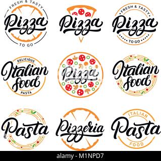 Jeu de pizza, pâtes, cuisine italienne et pizzeria lettrage manuscrit logos, étiquettes, d'écussons. Illustration de Vecteur