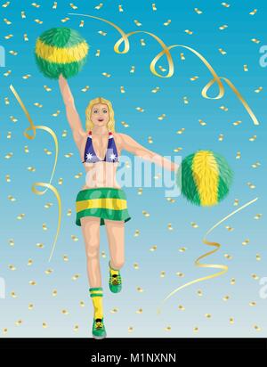 "Cheerleader australienne de l'Australie Fans" Cheerleader girl, documents de confettis et l'arrière-plan sont dans des couches différentes. Illustration de Vecteur