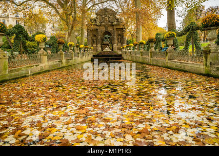 La fontaine Médicis au Jardin du Luxembourg en France, couvert de feuilles en automne Banque D'Images