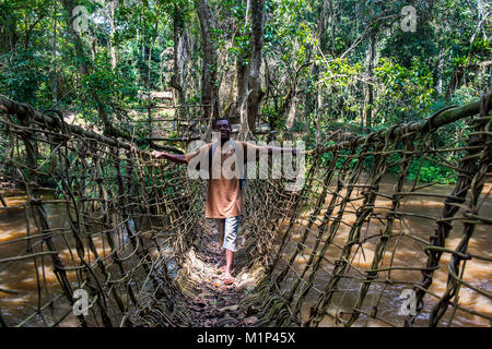 Marchant sur un pygmée fait main vine bridge dans Parc de Dzanga-Sangha, UNESCO World Heritage Site, République centrafricaine, Afrique Banque D'Images