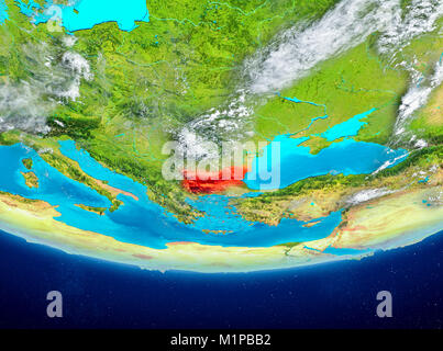 La Bulgarie a mis en évidence en rouge sur la planète Terre avec des nuages. 3D illustration. Éléments de cette image fournie par la NASA. Banque D'Images