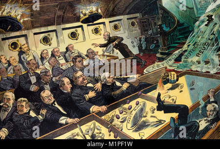 Les électeurs républicains' de révolte - L'illustration montre une vague marqués 'les électeurs républicains' Revolt' écraser dans la salle à manger d'un navire où républicains 'Cannon, Payne, le Taft, Knox, Sherman, Racine, Aldrich, Woodruff, Dalzell, grue, 2000-08, Lodge, Parsons, Hitchcock, Depew, Hale, Elkins, Ballinger, Smoot, Penrose, et Cox sont coin, et bouleverser un plat de fête des prunes, ainsi qu'une bouteille de "talwart grog'. Caricature politique, 1910 Banque D'Images