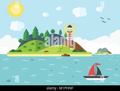 Scène de voyage dans la mer avec phare, hill, arbre, et la voile. L'heure d'été maison de vacances voyage concept. Télévision vector illustration Illustration de Vecteur