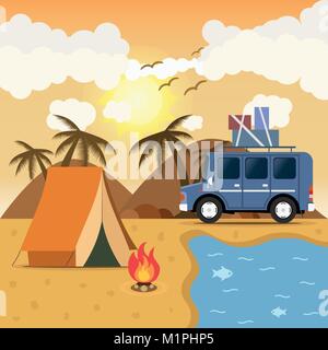 Location Camping place du paysage. Montagnes, désert, plage, mer, oiseaux et de joie. Vector illustration dans télévision style. Illustration de Vecteur