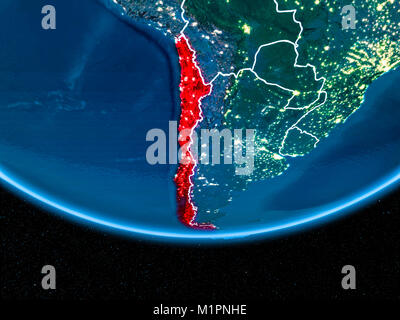 Le Chili en rouge avec des frontières du pays visibles et les lumières de la ville à partir de l'espace la nuit. 3D illustration. Éléments de cette image fournie par la NASA. Banque D'Images