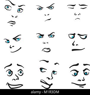 Neuf icônes Emoticon impressionnant, les expressions du visage dessiné à la main sur fond blanc. Illustration de l'art vectoriel. Illustration de Vecteur