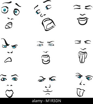 Neuf icônes Emoticon impressionnant, les expressions du visage dessiné à la main sur fond blanc. Illustration de l'art vectoriel. Illustration de Vecteur