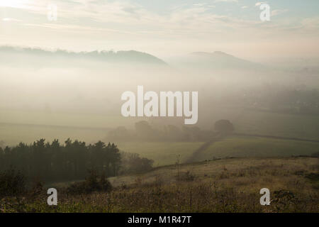 La vue depuis le bord de Coombe Hill avec le bois haut de Dundon Hill s'élevant au-dessus de la brume d'automne et Lollover visible au-delà de la colline, Somerset, Angleterre. Banque D'Images