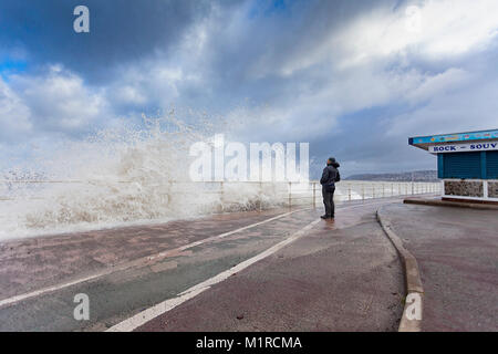 Colwyn Bay, comté de Conwy, Pays de Galles, Royaume-Uni 1er février 2018, UK Weather : avec la marée haute par temps froid et venteux ont fourni des conditions idéales pour les ressources naturelles du pays de Galles à fournir des avertissements d'inondations pour la Côte Nord du Pays de Galles dont Colwyn Bay. Vague d'une personne regardant les vagues s'écraser sur l'hugh promeade mur à Colwyn Bay, au nord du Pays de Galles © DGDImages/Alamy Live News Banque D'Images