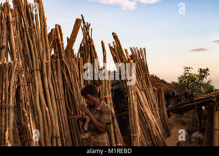 30 septembre 2017 - Cox's Bazar, Bangladesh - UN Rohingya de se place en avant des tas de bois en Kutapalong camp. L'extension du camp avec de nouveaux arrivants a vu beaucoup d'arbres, qui une fois le paysage bordé, autorisé à construire de nouveaux foyers et réduire pour s'abriter et bois de chauffage.Plus de 600 000 réfugiés Rohingyas ont fui l'État de Rakhine au Myanmar depuis août 2017, comme la plupart d'entre eux continuer à essayer de traverser la frontière pour atteindre le Bangladesh tous les jours. Crédit : John Owens/SOPA/ZUMA/Alamy Fil Live News Banque D'Images