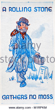 Une pierre qui roule n'amasse pas mousse illustration 1938 proverbe Banque D'Images