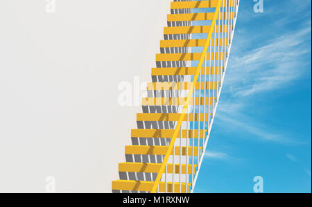 Arrière-plan de l'architecture moderne, escaliers en métal jaune ronde va au delà du mur blanc, 3d illustration Banque D'Images