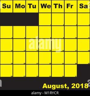 Août 2018 noir sur jaune planner calendrier avec vaste espace pour les notes Illustration de Vecteur