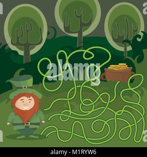 Jeu de labyrinthe pour les enfants. Aide red lutin pour trouver son chemin vers le pot d'or. Illustration de Vecteur