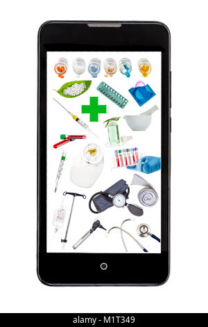 Représentant de l'écran Mobile concept de E-E-prescription médecin app. sur la ligne de matériel médical et de médicaments. Application médicale concept on white Banque D'Images