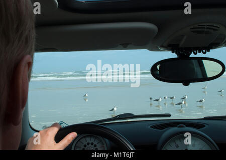 La plage la plus célèbre dans le monde entier. Fin du voyage. Voitures de course. Voiture sur la plage dans la côte. Vue sur l'océan à travers la fenêtre de voiture. Banque D'Images