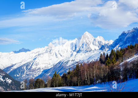 Magnifique paysage de montagne enneigée vue avec un pin de pins dans la région de Bellvue Saint-Gervais-les-Bains. Montagne Alpes près de Mont Blanc. Banque D'Images