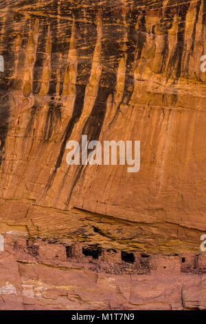 Vernis du désert s'exécute en bas de la falaise au-dessus de grande ruine, un village Pueblo ancestrales au sein du site Salt Creek Canyon dans les aiguilles District de Canyonlands Na Banque D'Images