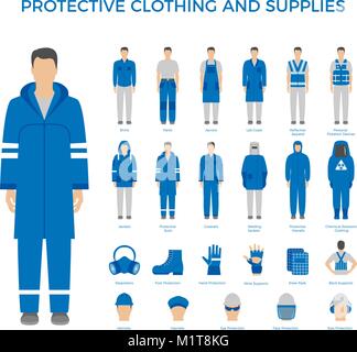 Vector set d'hommes en vêtements de protection et les icônes de l'équipement de sécurité. Télévision des icônes pour la construction et les autres industries. Illustration de Vecteur