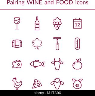 Vector set d'icônes de ligne pour vins et mets, tels que le fromage, poisson, fruits, bouteille, verre, raisins. Style moderne décrit Illustration de Vecteur