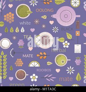 Pastel vecteur modèle transparente avec différents types de thé comme le noir, Oolong, thé vert et blanc à l'anis, le rooibos et la camomille. Illustration de Vecteur