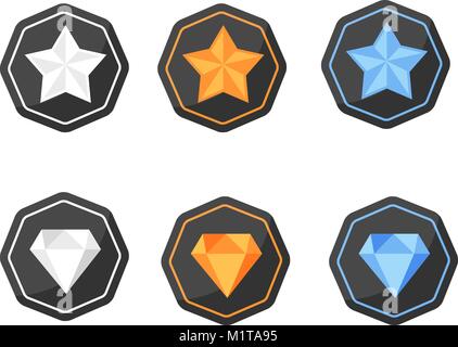 Vector set d'icônes avec des prix des symboles de l'étoile et de diamant en argent, or et platine en couleurs sur l'arrière-plan polygonal noir Illustration de Vecteur