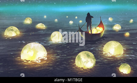 Paysage de nuit d'un homme un bateau d'aviron parmi de nombreuses lunes rougeoyante flottant sur la mer, style art numérique, illustration peinture Banque D'Images