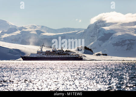 Navire de passagers aventurier océan transporte les skieurs alpinisme à l'Antarctique ; Ronge Island ; la péninsule Arctowski ; Manchots au-delà Banque D'Images