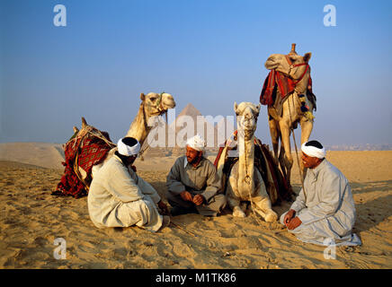 L'Egypte, Le Caire. Pyramides de Gizeh ou Giza. Des hommes, des chameliers et des chameaux au repos dans désert près de pyramides. L'Unesco, site du patrimoine mondial. Banque D'Images